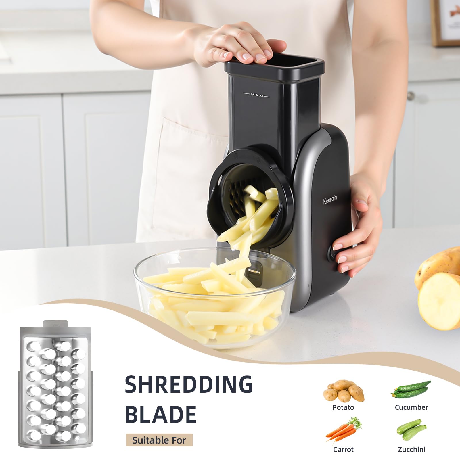 Electric Vegetable Slicer and Cheese Grater, Multifunctional Rotary Cutter with 4 Stainless Steel Blades for Potatoes Carrots Cucumbers Fruits Salad etc.