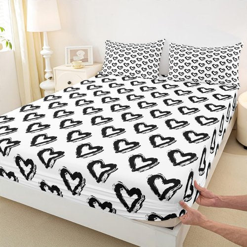 jejeloiu Heart Love Queen Size Bed Sheets Set Boys GirlsLove Pattern Sheet Set for Kids Ultra Soft Modern Sheets with Deep Pocket Fitted Sheet Black White Bedding Set Room Decor