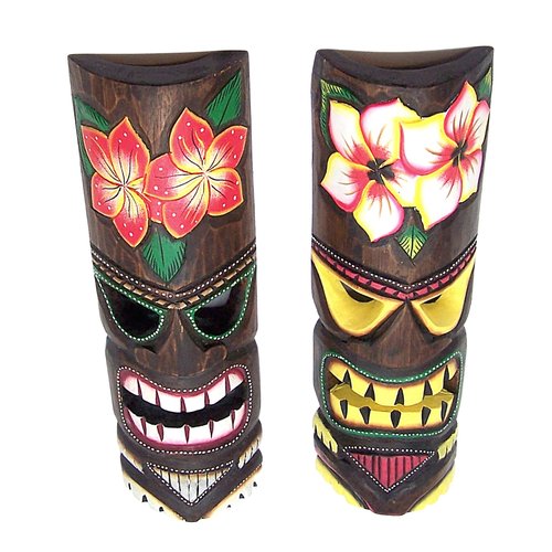 Wowser Hand Crafted Hawaiian Style Floral Tiki Masks, Wall Décor, Set of 2 Assorted Designs, Approximately19 Inches