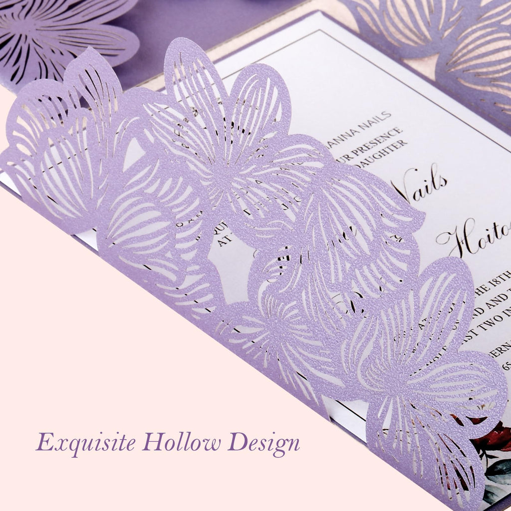 50Pcs Light Purple Wedding Invitations with Envelopes and RSVP Cards Laser Cut Hollow Butterfly Personalized Invitation Pockets with Ribbons for Birthday Party Wedding Bridal Shower Engagement