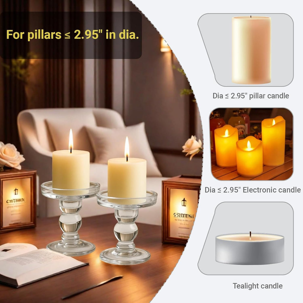 Regine Switzerland Glass Candle Holders - Elegant Pillar Candle Holder Set of 3 for Weddings & Home Decor