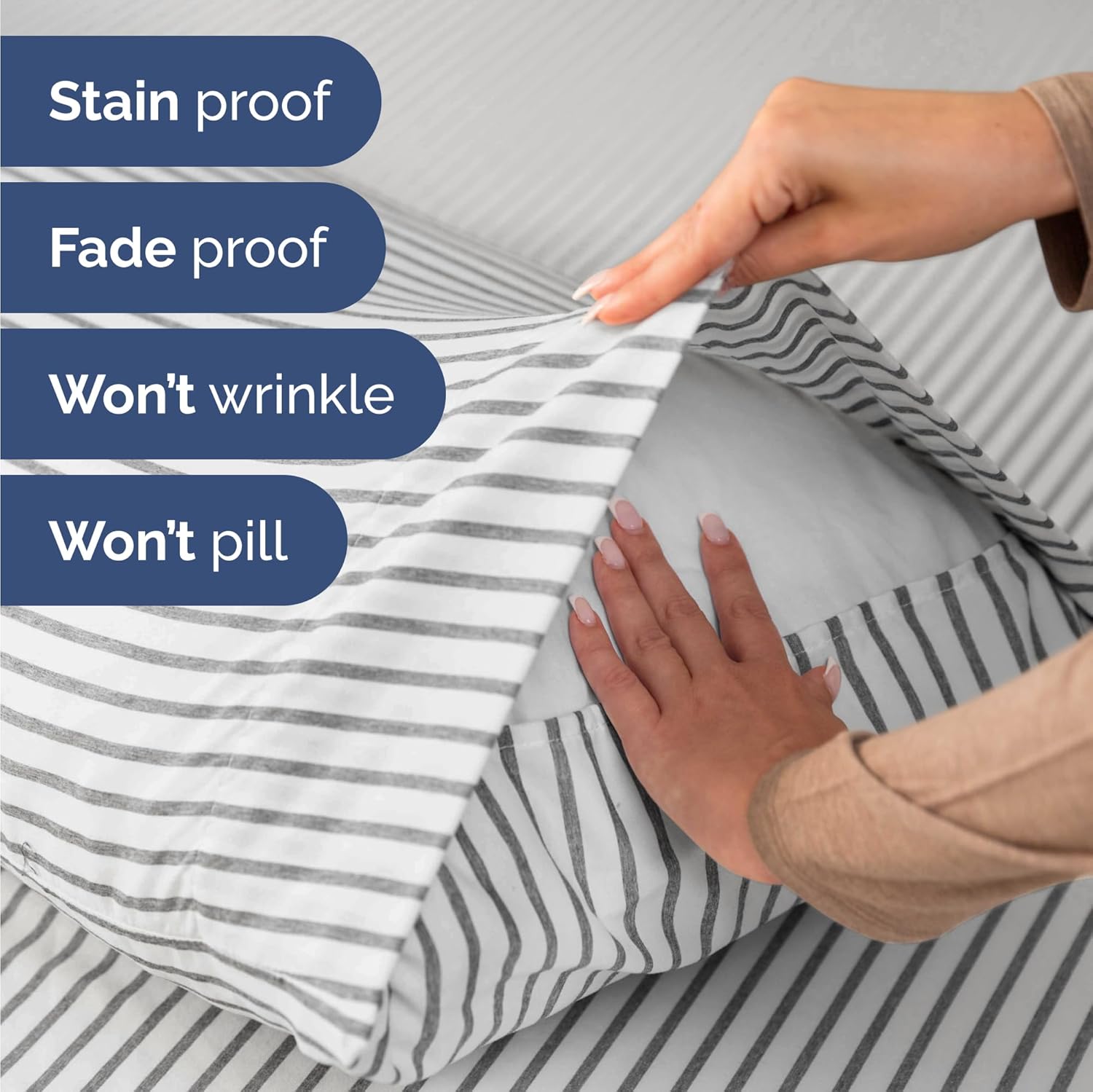 Skiennix Twin Size 3-Piece Sheet Set - Comfy Cooling Bed Sheets - Soft, Wrinkle-Free Grey Stripes