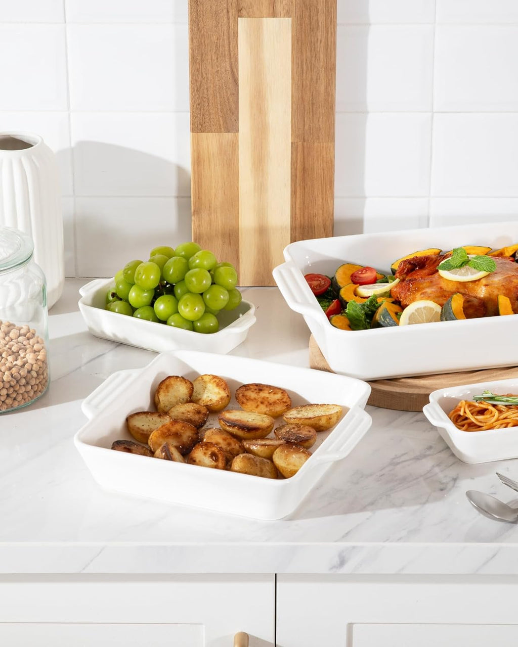 Sweejar Ceramic Bakeware Set - 4 Rectangular Casserole Dishes with Handles for Oven | White Lasagna Pans