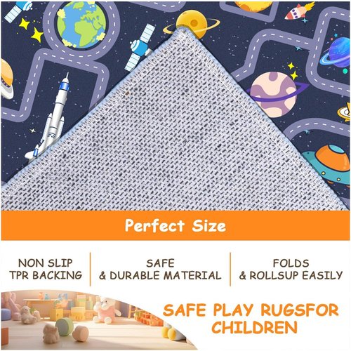 Pyrrhite Outer Space Kid Rug，Boys Car Rug for Kids Toy Cars Have Fun Safely, Non-Slip Educational City Road Rugs Carpets for Kid Room Bedroom（70×47 in