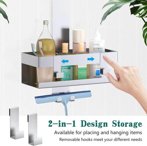Emibele Over The Door Shower Caddy - Rustproof 304 Stainless Steel Hanging Organizer | Fits Glass Doors Up to 1.5cm, Silver, 23x10x10cm