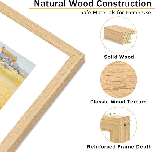 JCJMY 8x10 Solid Wood Picture Frame - Display 5x7 with Mat or 8x10 Without Mat, Natural Finish