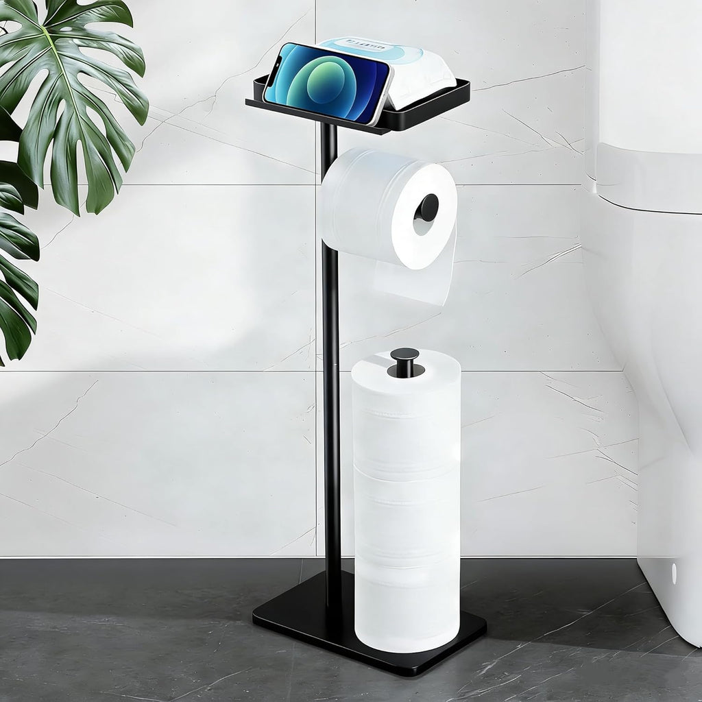 Skiennix Toilet Paper Holder Stand - Rustproof Free Standing Dispenser with Phone Shelf | Black, Holds 4 Rolls