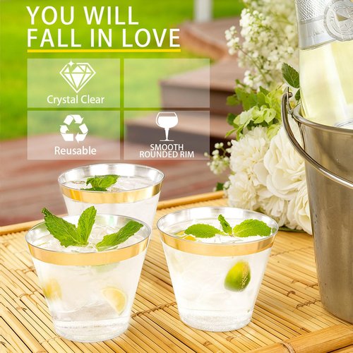 Ciaell 200PCS Gold Plastic Cups - 9Oz Heavy Duty Disposable Clear Plastic Cups with Gold Rim for Wine, Cocktail, Party & Wedding