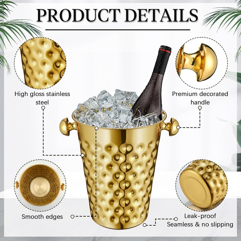 MorningRo 2 Pcs Gold Metal Champagne Ice Bucket 4.7 L Stainless Steel Doublewall Wine Ice Bucket for Bar, Party, Wedding, Banquet, Outdoor, BBQ(Hammer Texture)
