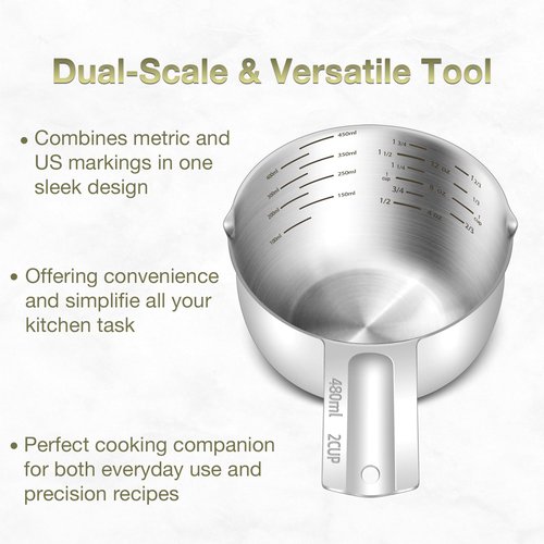 BERYLER 2PCS 2Cup (480ml, 16oz) Single Measuring Cup, Etched Inner Scale Stainless Steel Measure Scoop, Metric and US Measurement, Dishwasher Safe