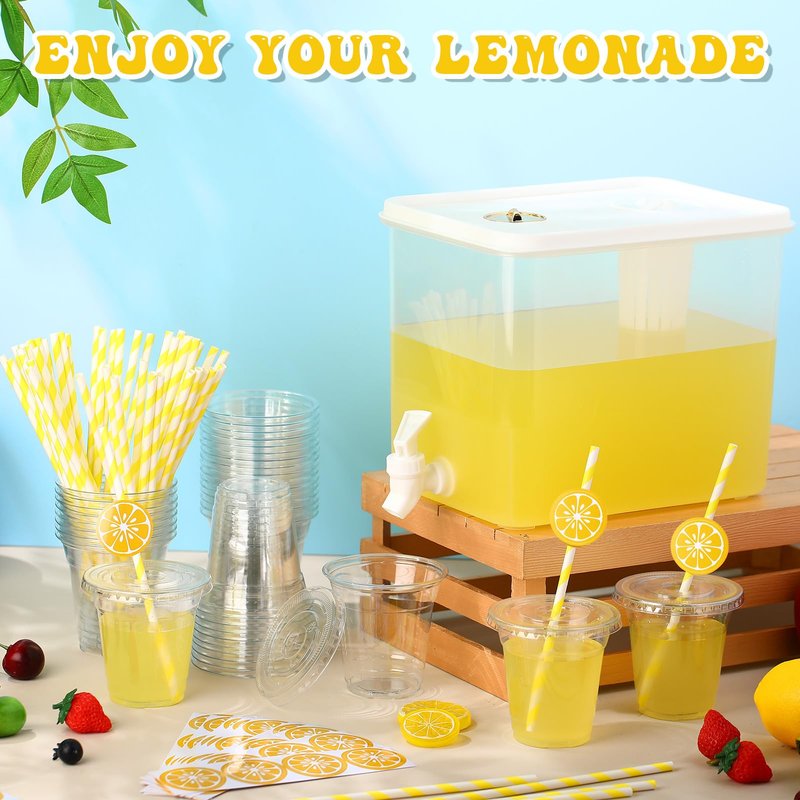 Mumufy 2.3 Gallon Plastic Beverage Dispenser with Spigot 50set Disposable Cup Lemonade Sticker and Lid Straw Juice Pitcher Jug Beer Dispenser Refrigerator for Halloween Oktoberfest Outdoor Party