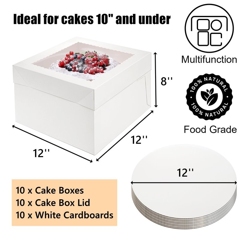 Cididu 20Pcs Cake Boxes 12 Inch, Tall Cake Box with Window and Boards for Multi-Layer Cakes, 350g Thick Cardboard White Bakery Box for Mother's Day Wedding Birthday Cakes Transport Box (12x12x8 Inch)