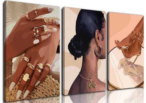 Julaydi Black Girl Wall Art Abstract African American Decor Posters Fashion Black Woman Canvas Prints Modern Black Female Painting Pictures for Bedroom Living Room Bathroom 16x24in Set of 3 Framed