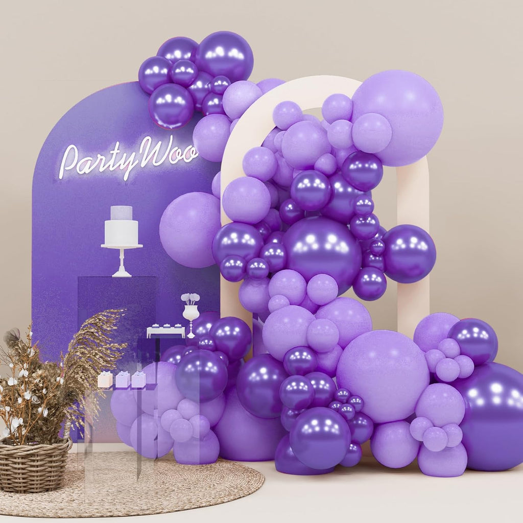 PartyWoo Purple Balloons - 140-Piece Lilac & Metallic Balloon Set | Perfect for Birthday & Party Decorations