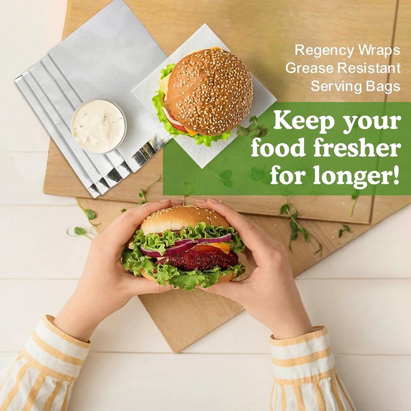 Regency Wraps Grease Resistant Snack Serving Bags, Foil Lined, Pack of 25 For Burgers, Sandwiches, Panini's, Pitas, Insulated to Keep food Warm