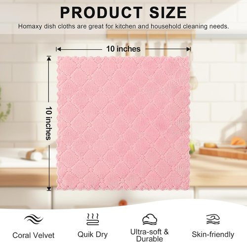 Homaxy Kitchen Dish Cloths - Super Soft & Absorbent Coral Velvet | 12 Pack (10 x 10 Inches, Pink)