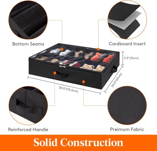 Lifewit Under Bed Shoe Storage Organizer - Set of 2 Foldable Fabric Boxes | Fits 24 Pairs, Black