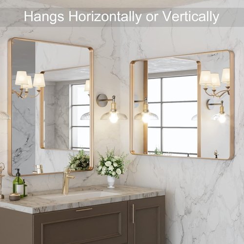 LOAAO Gold Bathroom Mirror - 28”X36” Rounded Rectangle Design | Anti-Rust Tempered Glass, Wall-Mounted