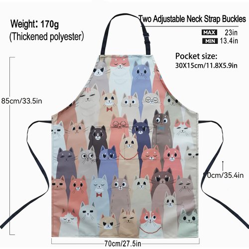 ZiQilin Adjustable Kitchen Apron with 2 Pockets, Waterproof Funny Cooking Chef Apron for Women Men, Gardening Baking Aprons, Grill BBQ Aprons Creative Gifts, Cute Animals Cat