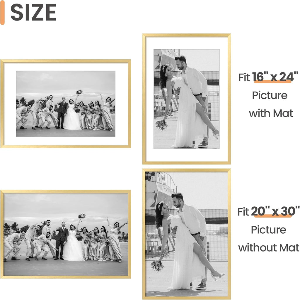 Upsimples 20x30 Poster Frame - Elegant Gold Wall Display for 16x24 Pictures with Mat or 20x30 Without Mat