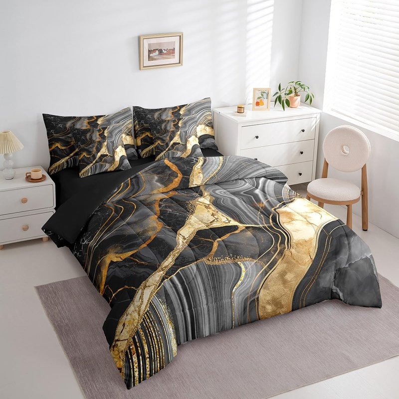 Erosebridal Black Marble 7 Pcs Comforter Set King, Gold Crack Bedding for Adults Men Women, Abstract Metallic Texture Sheet Set Bed in A Bag, Boho Hippie Fluid Reversible Black Duvet Insert