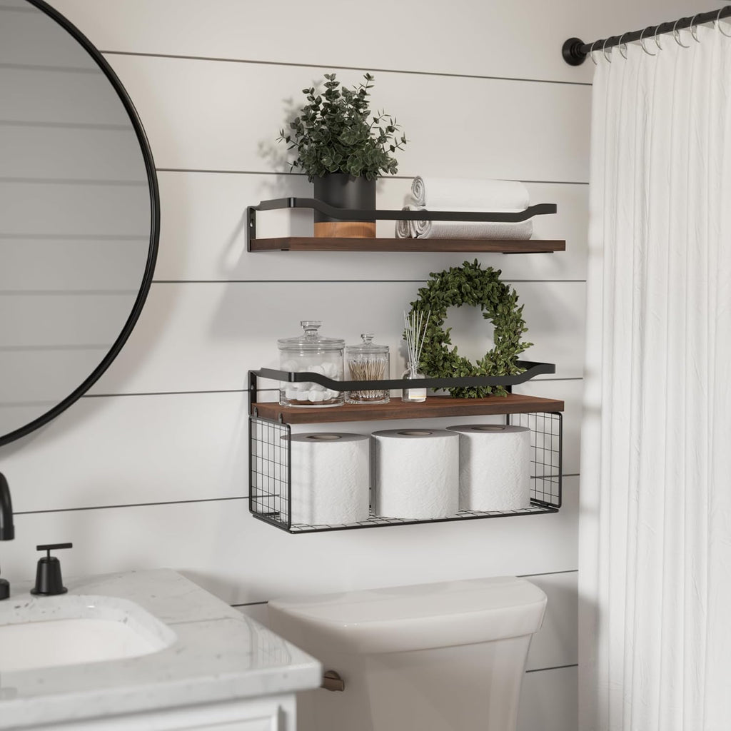 WOPITUES Floating Shelves - Wood Wall Storage with Wire Basket & Metal Guardrail | Dark Brown