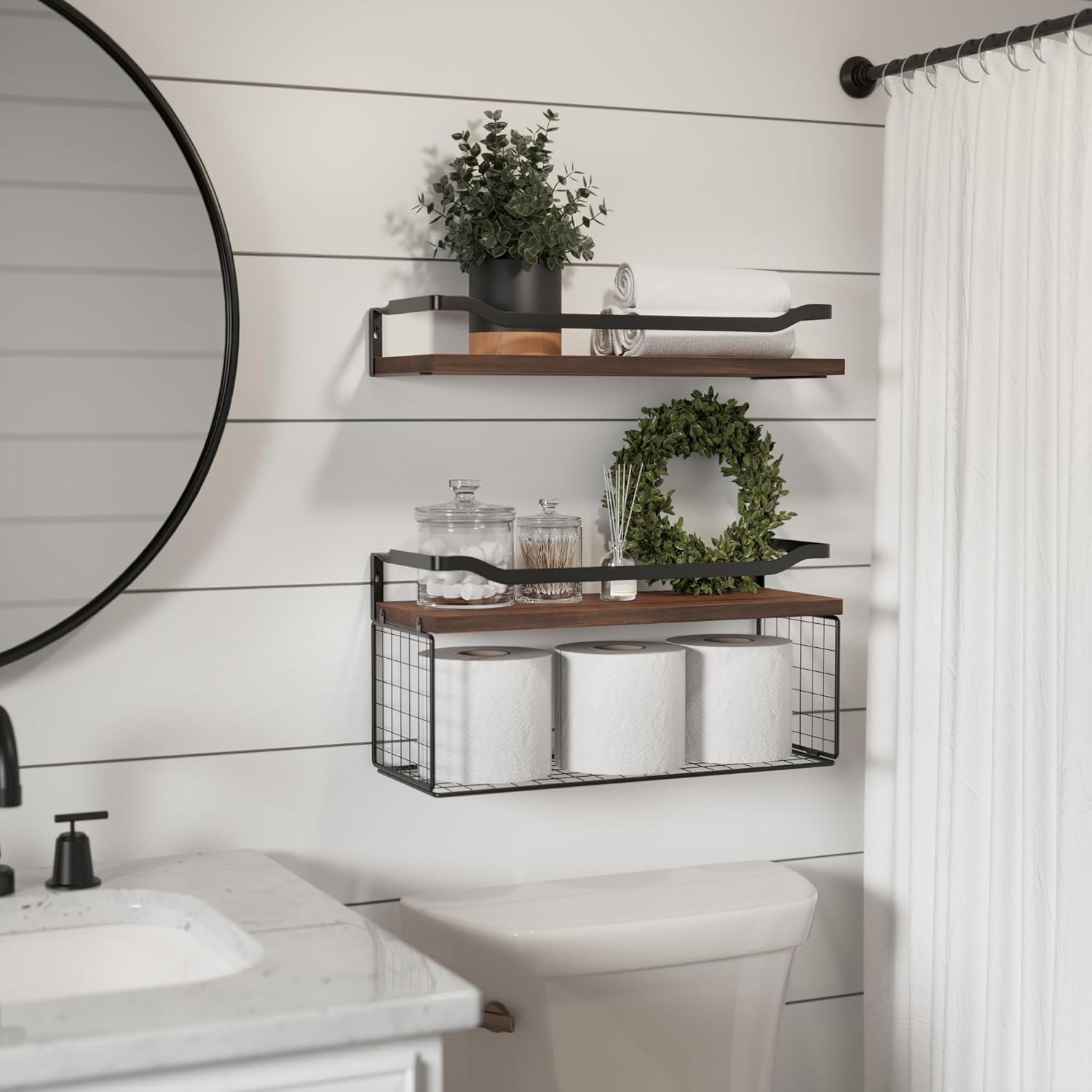 WOPITUES Floating Shelves - Wood Wall Storage with Wire Basket & Metal Guardrail | Dark Brown