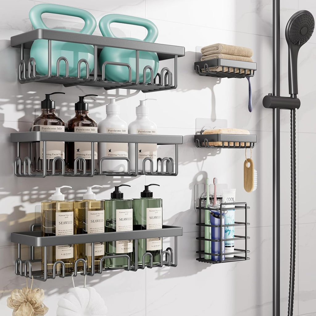 Veken Shower Caddy - Rustproof & Waterproof 6-Pack | No-Drill Adhesive Shelves, Large Capacity, Dark Grey