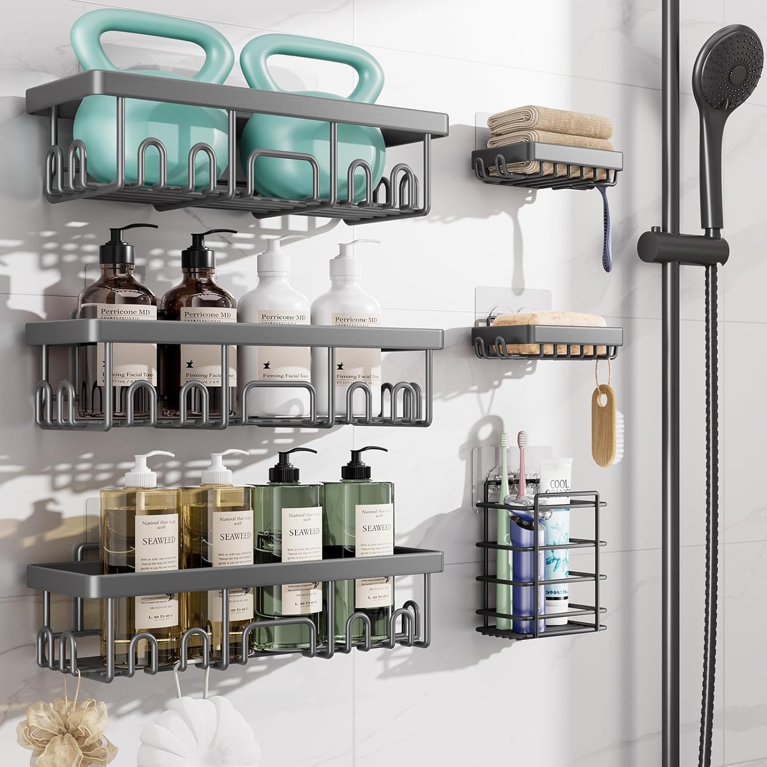 Veken Shower Caddy - Rustproof & Waterproof 6-Pack | No-Drill Adhesive Shelves, Large Capacity, Dark Grey