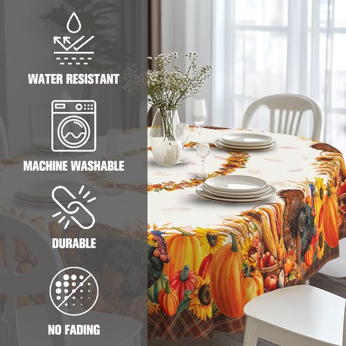 yrhsnclsdg Thanksgiving Tablecloth Fall Tablecloth Oval 60x84 Inch, Autumn Harvest Turkey Pumpkin Table Cover Waterproof for Fall Thanksgiving Dinning Table Decorations