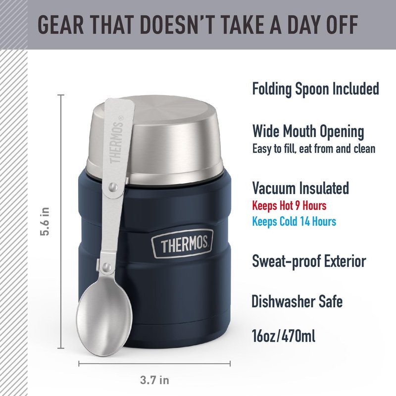 THERMOS Stainless King Vacuum-Insulated Food Jar with Spoon, 16 Ounce, Midnight Blue