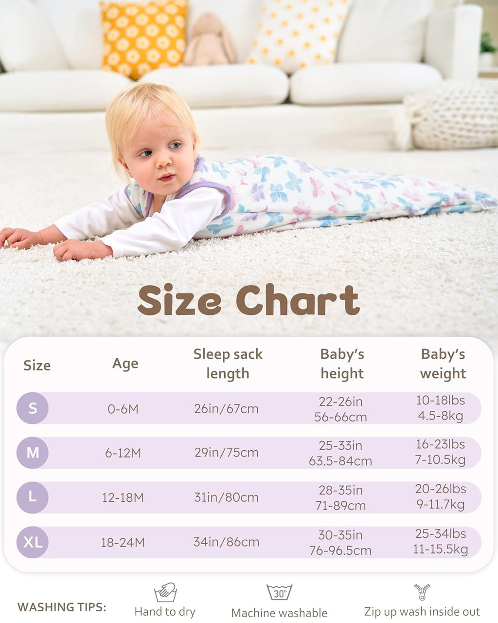 Rayon Made from Bamboo Baby Sleep Sack - Soft 1.0 Tog Wearable Blanket for Infants | 6-12 Months, Purple Butterfly (2 Pack)