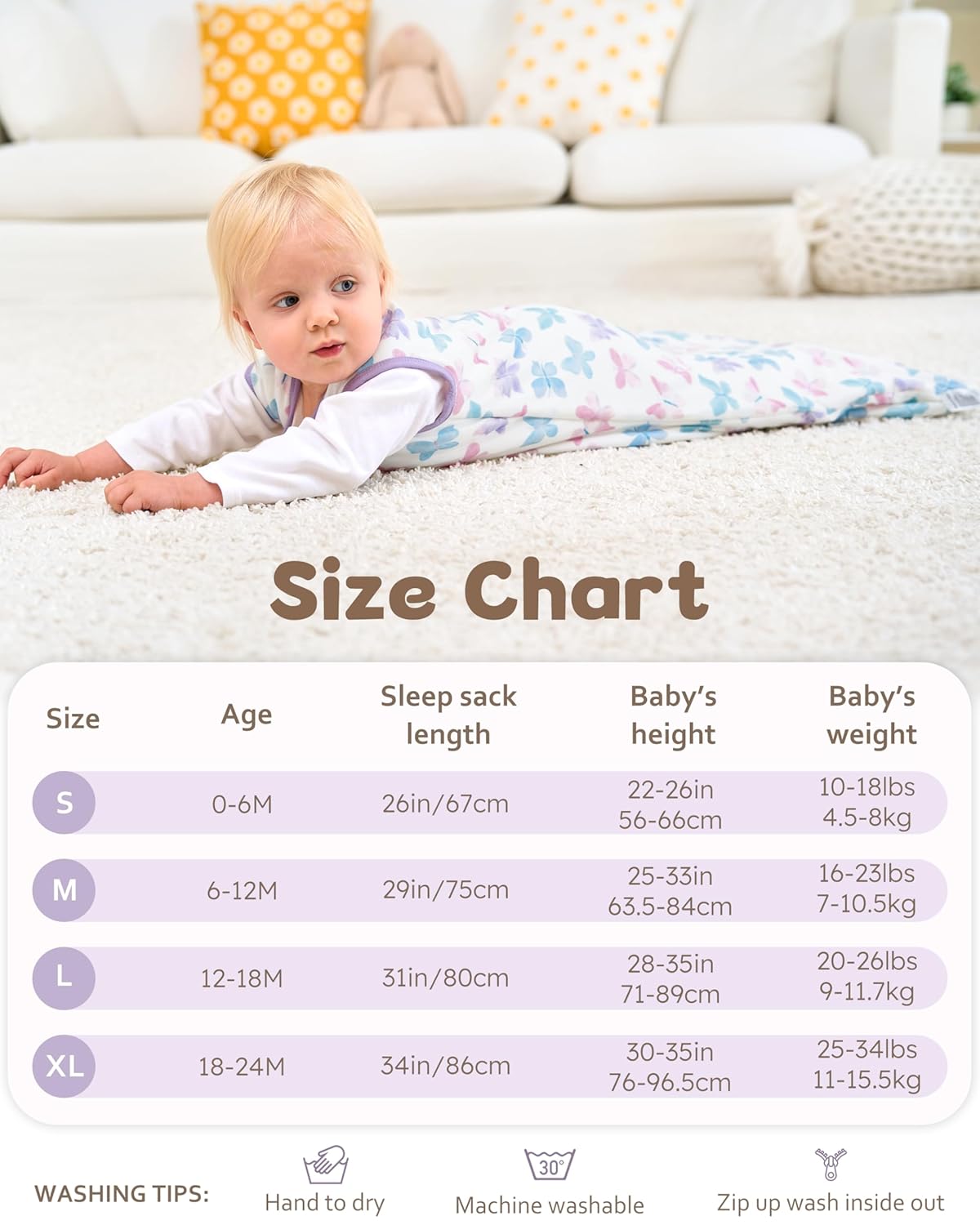 Rayon Made from Bamboo Baby Sleep Sack - Soft 1.0 Tog Wearable Blanket for Infants | 6-12 Months, Purple Butterfly (2 Pack)