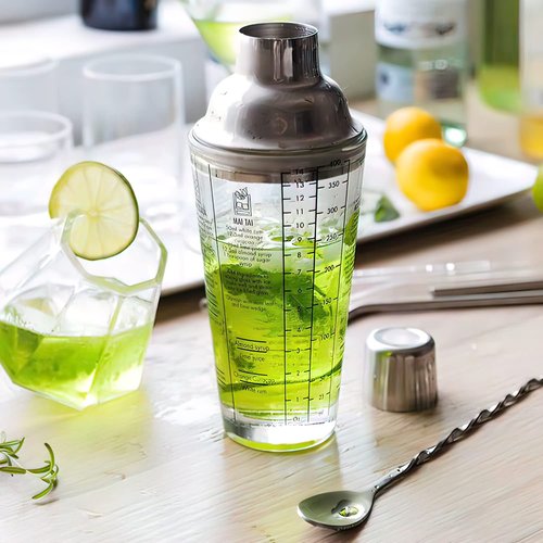 JNWINOG Cocktail Shaker Glass,Martini Shaker With Recipes on Side 13.5oz Mixed Drink Shaker with Glass Cup Professional Bar Tool with Scale Glass (Recipes)