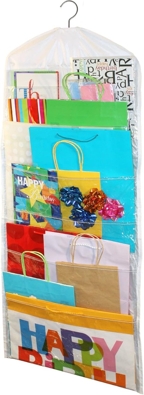 Jokari Gift Bag Organizer - Hanging Storage for Bags, Bows & Ribbons - Clear Pockets for Closet Organization