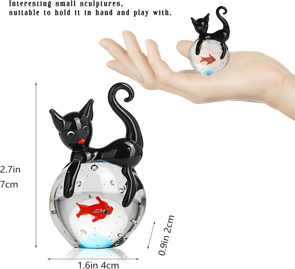 QFkris Black Cat Figurine - Mini Blown Glass Sculpture | 1.6" Collectible Art for Home Decor & Gifts