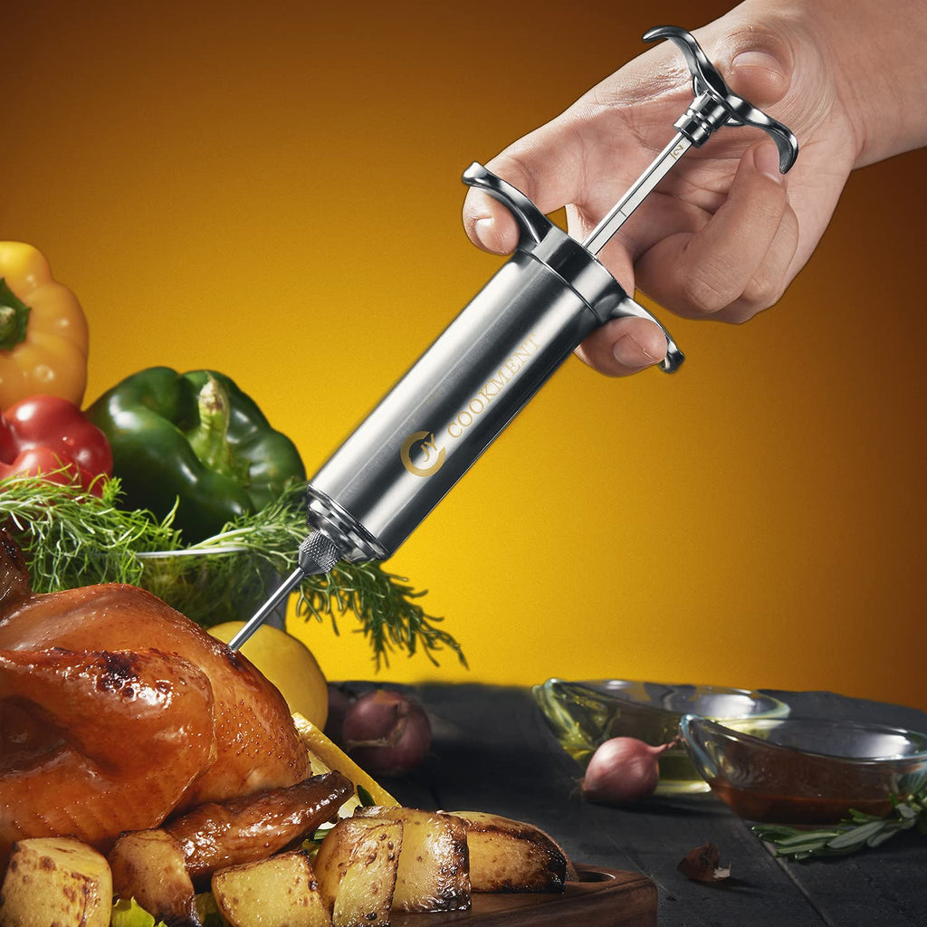 Meat Injector Syringe 2-oz Marinade Flavor Barrel 304 Stainless Steel with 3 Marinade Needles, Travel Case for BBQ Grill Smoker, Turkey, Brisket, Paper Instruction and E-book Included by JY COOKMENT