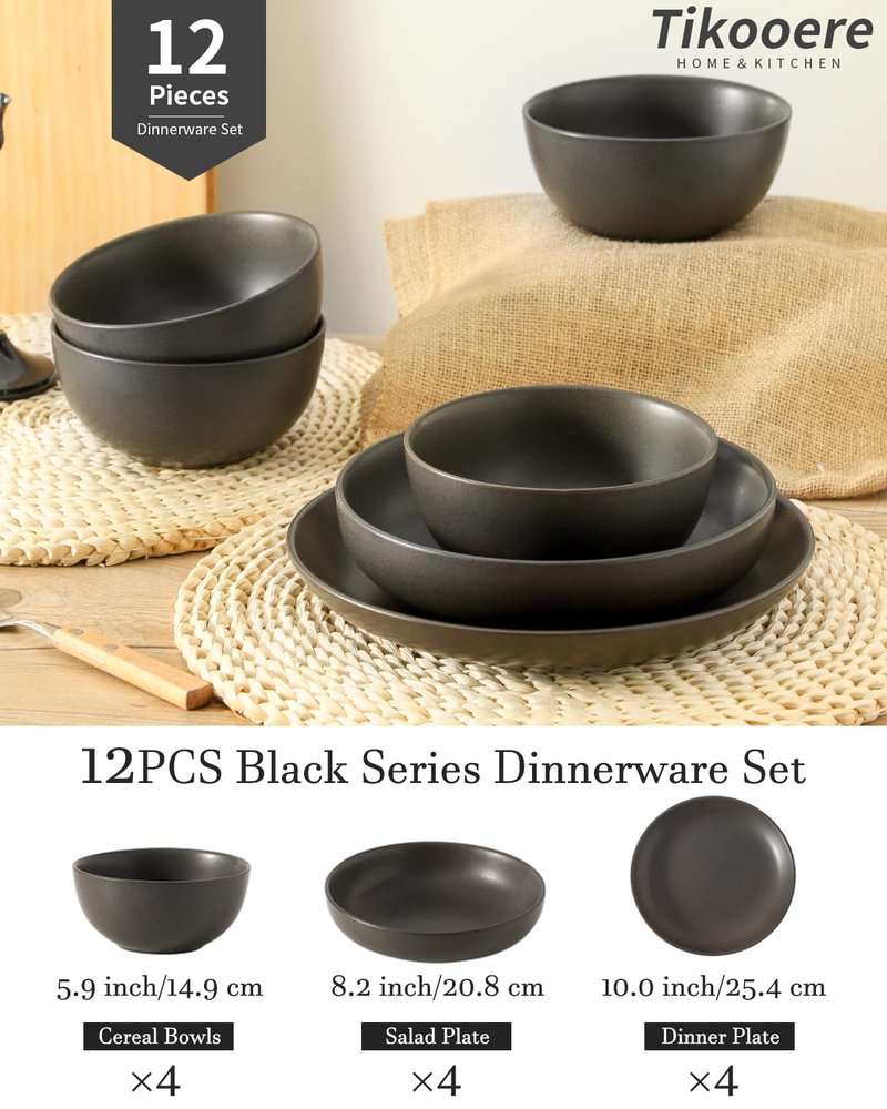 Tikooere Plates and Bowls Sets, 12-Pieces Stoneware Dinnerware Set Ceramic, Matte Black Dishes Set for 4, Scratch Resistant, Microwave and Dishwasher Safe Tableware, Porcelain