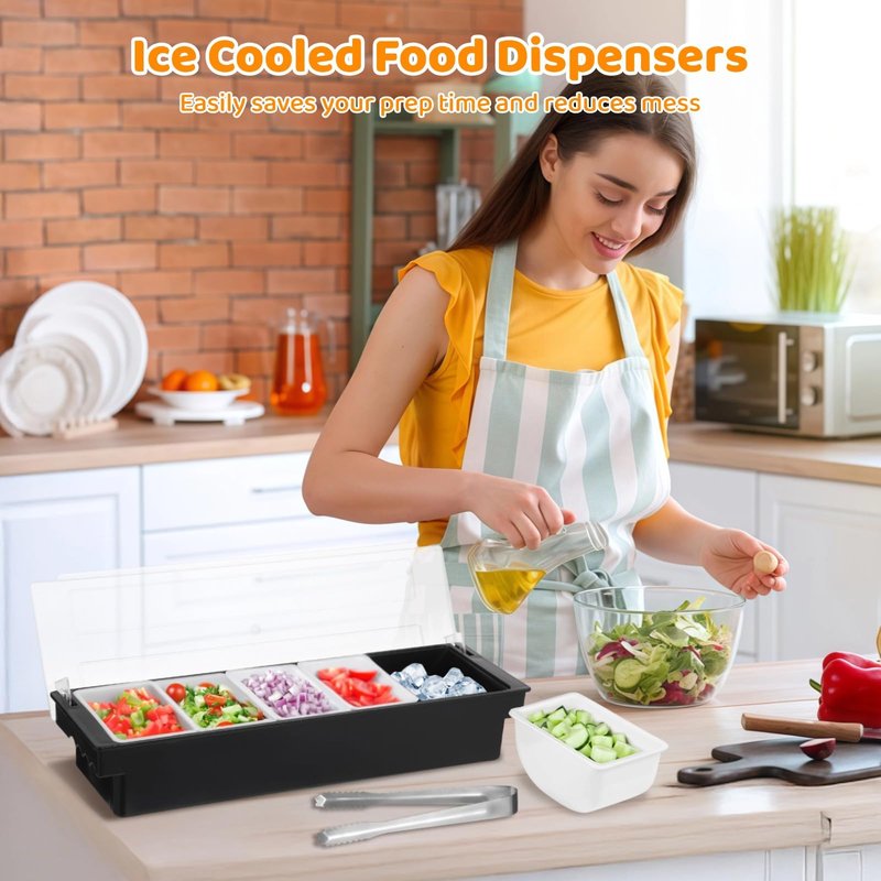 yeesport 2 Pcs 5-Compartment Condiment Dispensers, Chilled Fruit Veggie Caddies with Lids, Ice Cooled Food Serving Containers, Includes Tongs and Scoops, Bar Garnish Trays for Snacks and Sauce