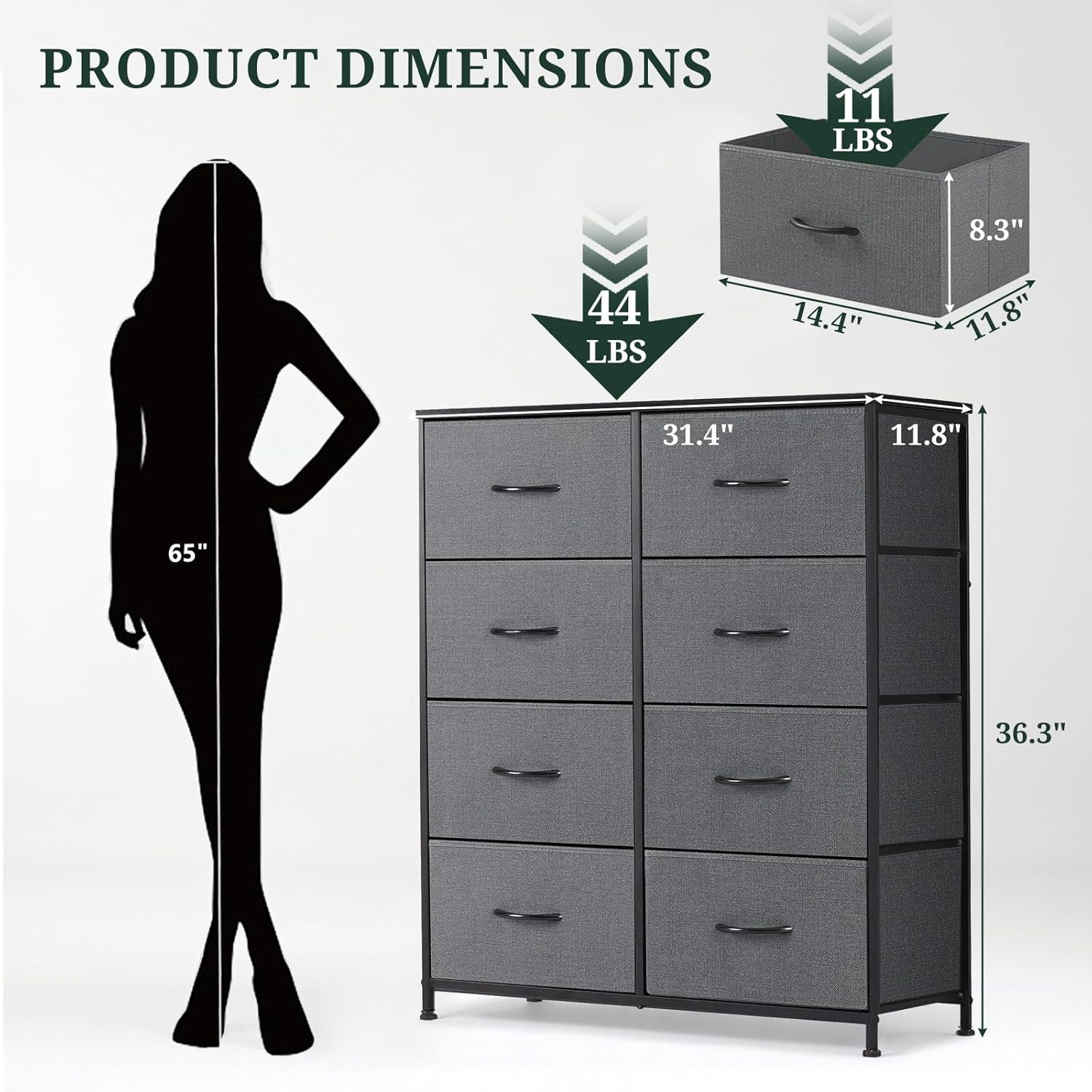 Regine Switzerland 8-Drawer Dresser - Anti-Tip Tall Storage Organizer with Wooden Top & Metal Frame - Gray