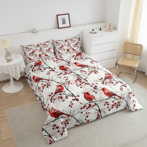 Feelyou Red Cardinal Bedding Set Queen Size Kids Cardinal Birds Comforter Set Boys Girls Christmas Birds Comforter Red Fruit Winter Rustic Country Farm Animal Quilt Set