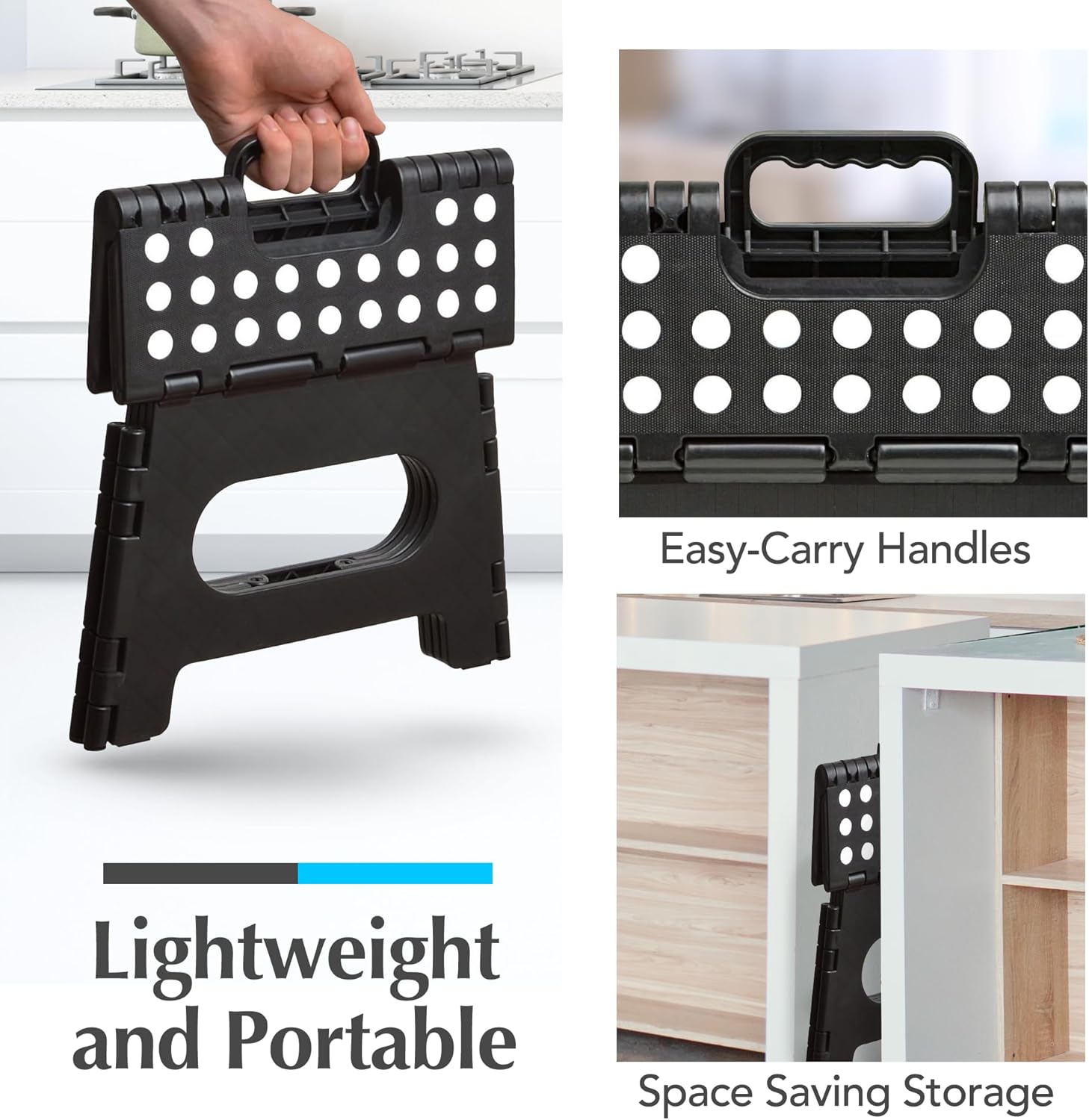 Skiennix Handy Laundry Folding Step Stool - Lightweight & Sturdy for Adults & Kids | Easy One-Flip Open - Black - 8 Inch