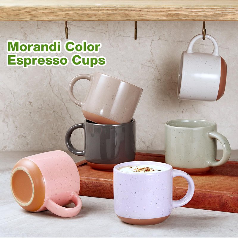 Gencywe Morandi Color Ceramic Mini Espresso Cups Set of 6, 5 oz Expresso Mugs with Handle, Porcelain Coffee Mugs Demitasse Cups, Modern Style Cups, Microwave Dishwasher Safe Suit for Espresso Machine