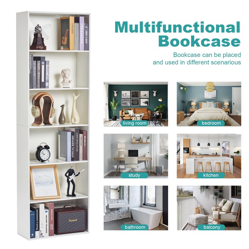 OneBlis 6-Tier Book Shelf, Floor Standing Open Bookcase, Wooden Display Storage Shelves with Anti-Tipping Device, 71" Tall Bookshelf for Bedroom, Living Room and Office, White
