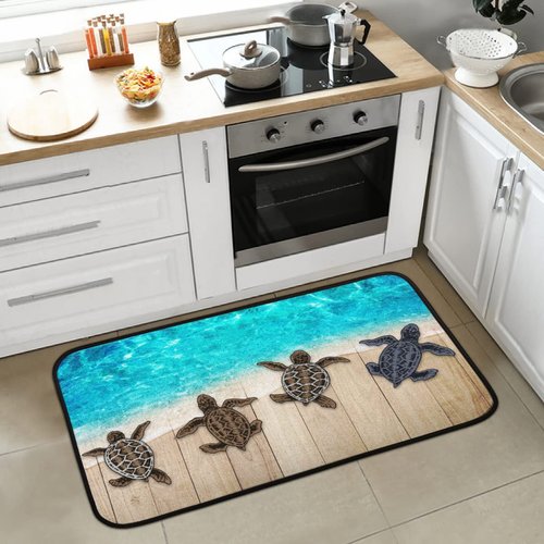 Beach Wooden Turtle Kitchen Mat Cushioned Anti-Fatigue Kitchen Rug, Ocean Sea Turtle Non-Slip Kitchen Mats and Rugs Washable Floor Comfort Runner Mat for Home Sink Laundry Bathroom 39" X 20"