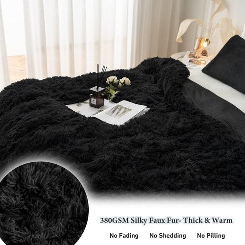 CHOSHOME Plush Shaggy Duvet Cover King Size, 3 PCS Fluffy Comforter Fuzzy Flannel Bedding Sets(1 Faux Fur Duvet Cover + 2 Pillowcases), Zipper Closure & 8 Corner Ties, Black
