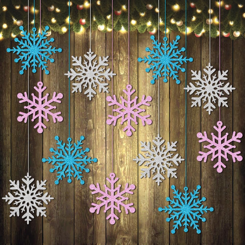 Skiennix Winter Snowflake Hanging Ornaments - Sparkly Ceiling Streamers for Christmas & New Year | Glitter Pink, Blue, Silver