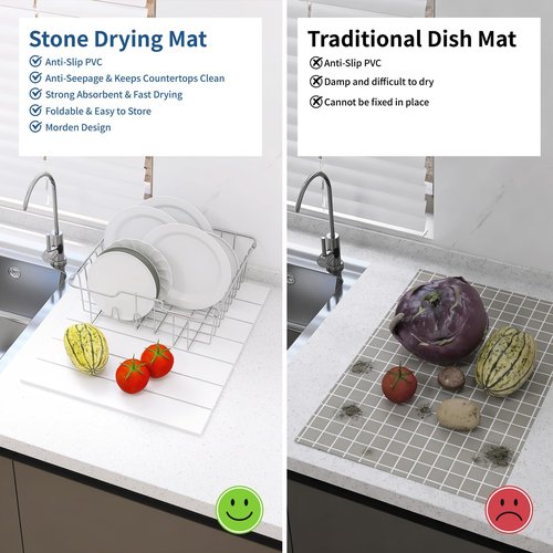 Hopegiver Stone Drying Mat for Kitchen Counter, 16" x 12" Quick Dry Diatomaceous Earth Dish Drying Mat, Super Absorbent, Non-Slip & Foldable, Modern White Countertop Mat (White,16''x12'')