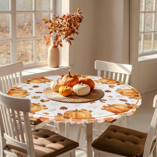 Fall Thanksgiving Pumpkin Kitchen Cover, Orange Buffalo Plaid Fitted Tablecloth for Round Tables, Waterproof with Elastic Edge, Autumn Maple Leaves White Circle Table Covers 36-44in