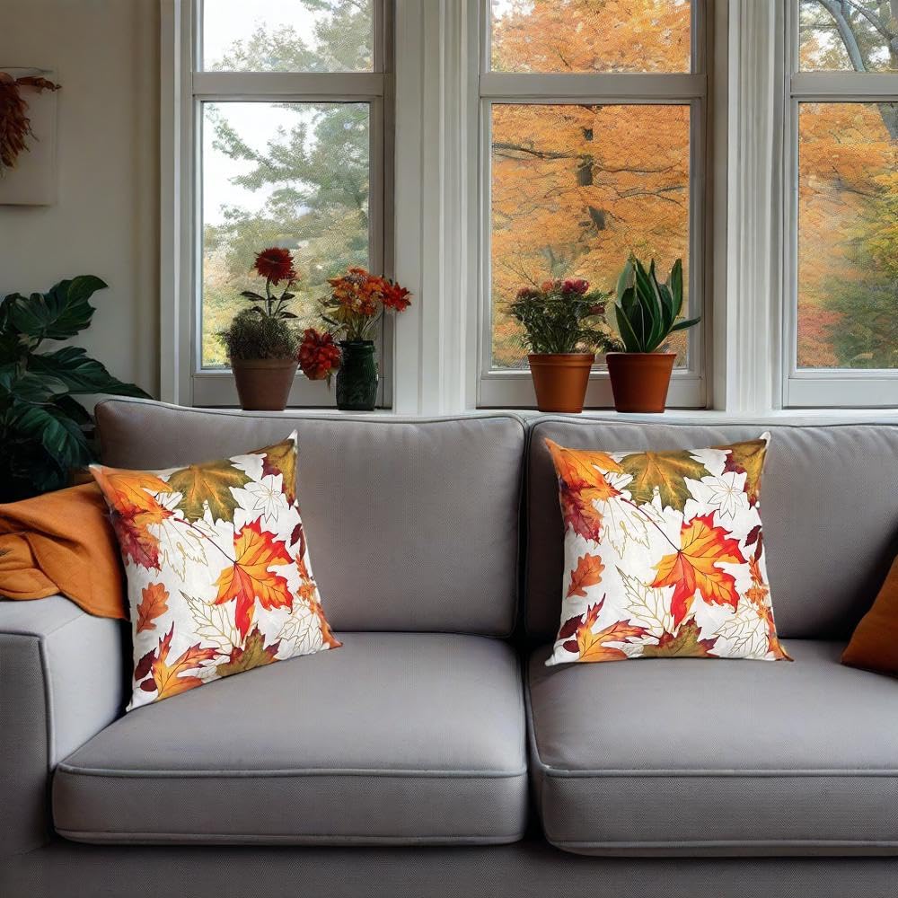 Treasborn Fall Pillow Covers 18x18 Set of 2 Maple Leaf Pillow Case Autumn Decoration for Home Outdoor Square Soft Throw Pillow Cover